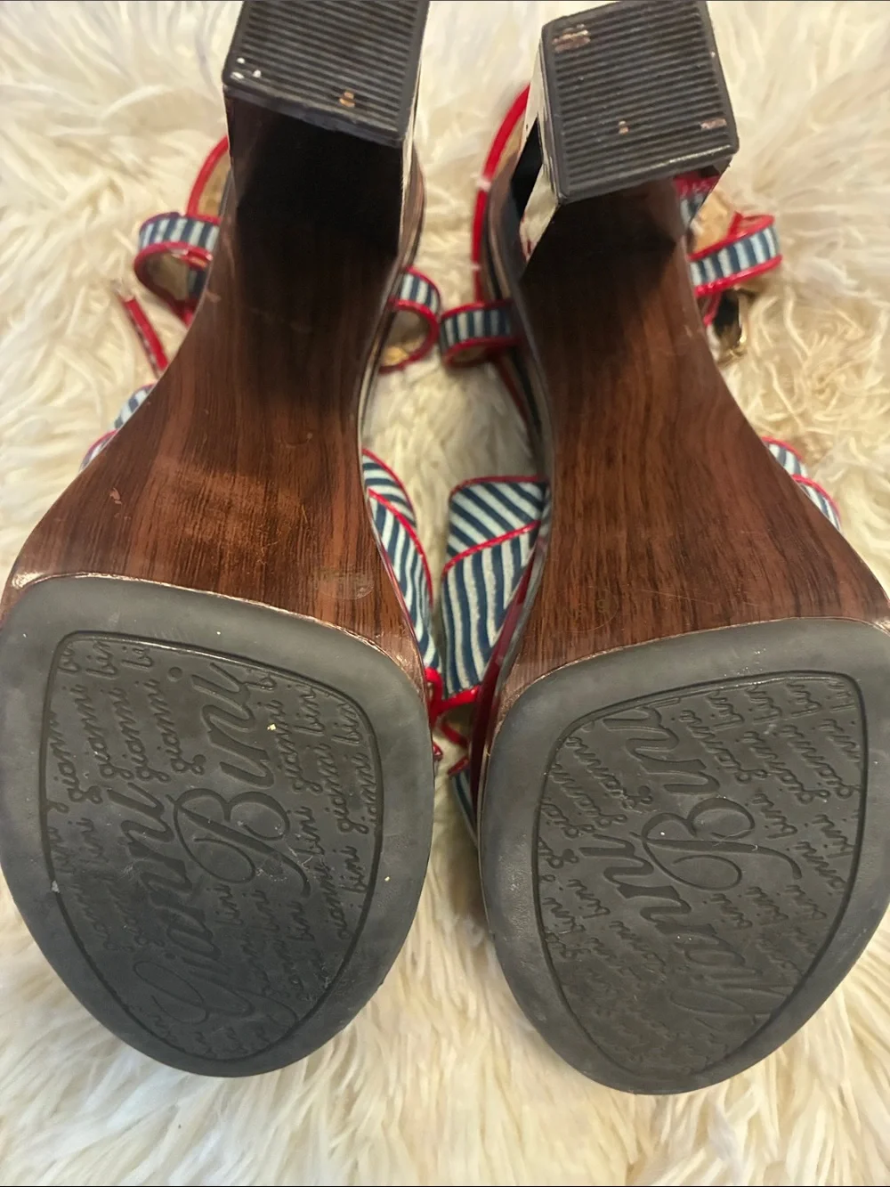 Gianni Bini Striped Blue and White Hollow Platform Sandals Red Trim size 6.5